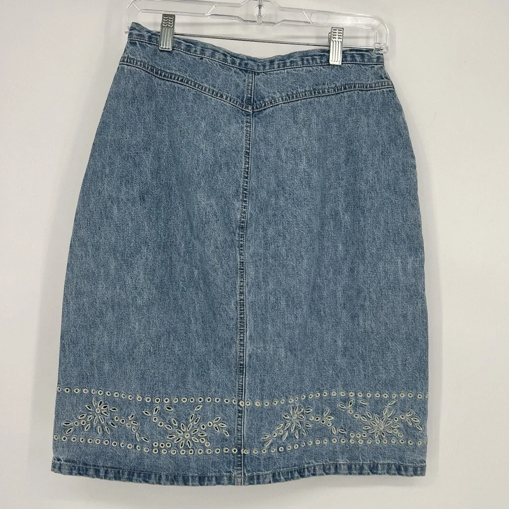 Gloria Vanderbilt Denim Skirt Eyelet Floral Embroidery Boho‎ Cottagecore Size 6